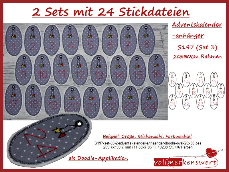 Stickdatei-Set 24 Adventskalenderzahlen Anhänger für Adventskalender im Doodle-Rahmen 1-24 für 20x30cm Stickrahmen S197-set-03